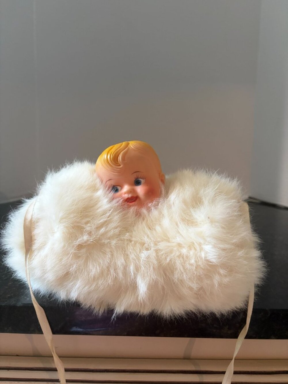 Vintage 1950's Kitschy Molded Rubber Doll Head, Fur Muff